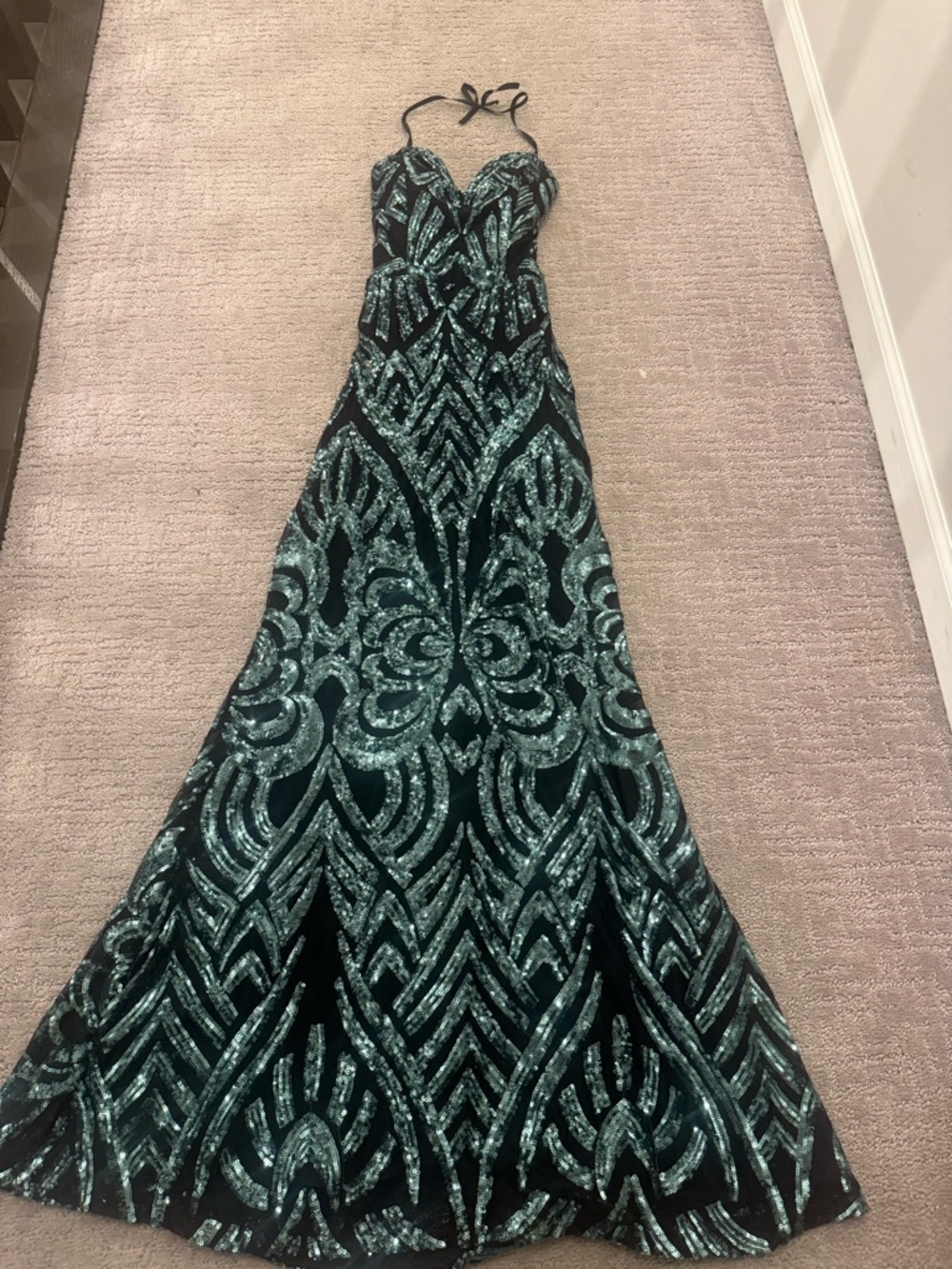 Windsor Teal Sequin Halter Prom Gown